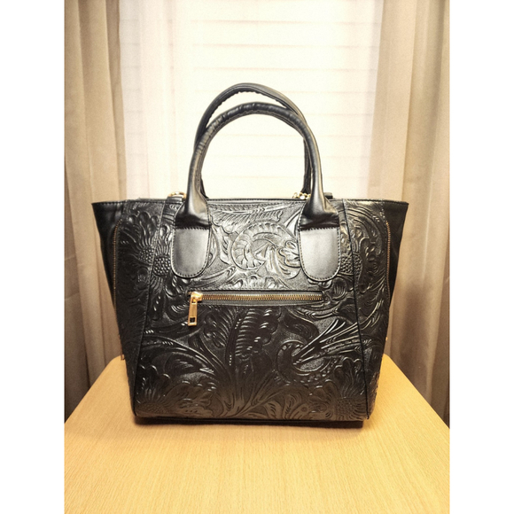 Black Zippered Floral Embossed Tooled Artisan LEATHER Hobo Bag Purse Artesanal - Picture 10 of 16